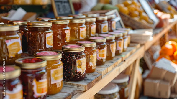 Fototapeta This photo features a selection of homemade jams and preserves on a wooden shelf at a farmer’s market