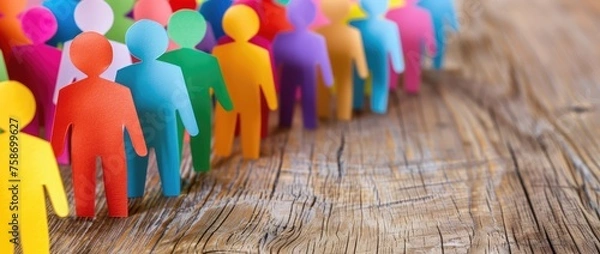 Fototapeta Conceptual image of multicolored figurines in a row symbolizing diversity and social or corporate unity - AI generated