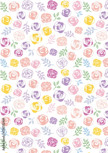 Fototapeta レトロ風　薔薇（背景白）パターン　縦
