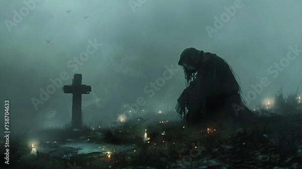 Obraz Mystical Vigil: Shadowy Figure by Graveyard Cross in Foggy Twilight