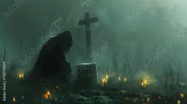 Obraz Eternal Guardian: A Cloaked Figure's Silent Watch Over a Resting Place