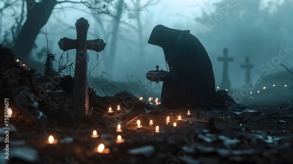 Obraz Solemn Remembrance: A Cloaked Figure Kneeling by a Tombstone at Dusk