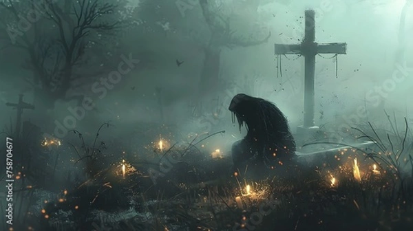 Obraz Ethereal Vigil: Grim Reaper at a Misty Gravesite