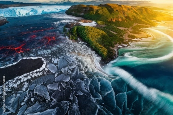 Fototapeta A surreal magnificent mystical power of nature. A sky and water, fire and earth. Warm and cold. 