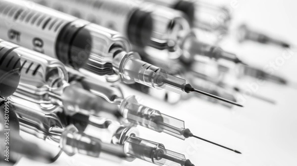 Fototapeta Multiple medical syringes aligned with focus on the needles, representing medical equipment in a monochrome setting