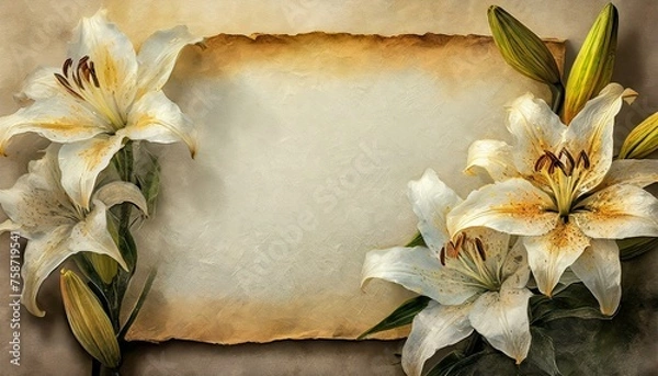 Fototapeta Lilie otaczające starą kartkę papieru. Tło romantyczne, ślubne