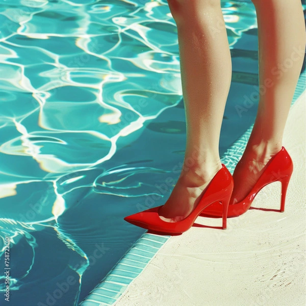 Fototapeta Photo of a woman's legs and bright red high heels pointed shoes standing by the pool. 1990s style.  Bright pastel colors.  Pop inspo style.