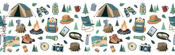 Obraz Collection of forest camping equipment. Vector seamless border. Isolated on white background. Travel and adventure accessories.