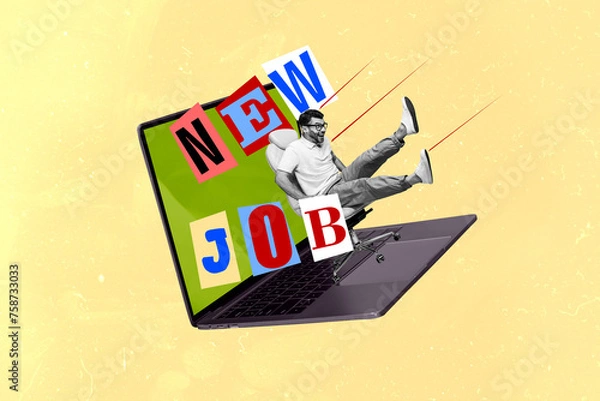 Fototapeta Composite sketch image trend artwork 3D photo collage of black white excited man ride in office chair on huge laptop find new job