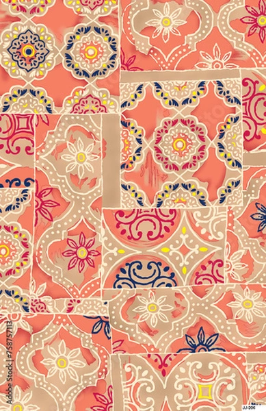 Fototapeta Antique surface floral seamless allover Pattern design, multicolor flowers with multicolor watercolor background texture.