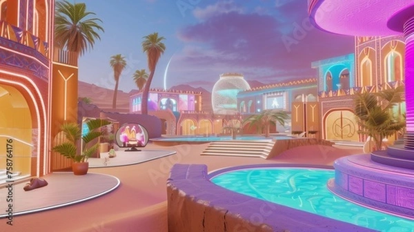 Fototapeta A retro-futuristic Arabian desert palace, featuring AI-controlled sand gardens, holographic camel races, and virtual belly dance performances.