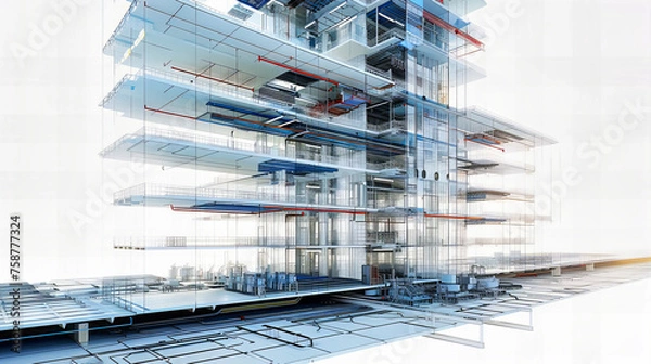 Obraz Digital Technology in Architectural Construction, Modern Building Design and Structural Engineering Concept