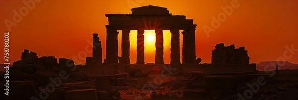Fototapeta An ancient temple silhouetted against the fiery backdrop of the setting sun, its ruins casting long shadows