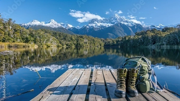 Fototapeta A hiking backpack and boots lying on a wooden dock by a tranquil lake