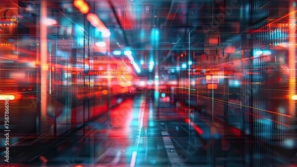 Obraz a futuristic scene with blurred abstract shapes, set against a backdrop of colorful lights and a glass texture, enhanced by reflections and high detail. SEAMLESS PATTERN