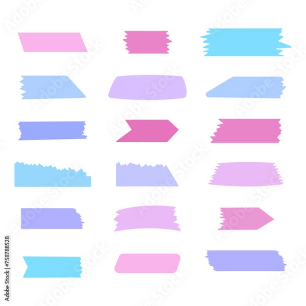 Fototapeta Set of Cute Colorful Rectangular Paper Sticker Label. Paper sticky washi tape. Vector illustration isolated on white background.
