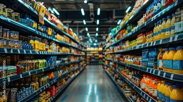 Fototapeta Supermarket heaven. Discover the diverse assortment of products in the long and bright aisle.