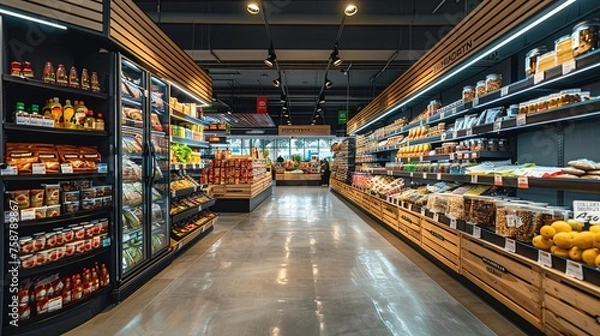 Fototapeta Supermarket heaven. Discover the diverse assortment of products in the long and bright aisle.