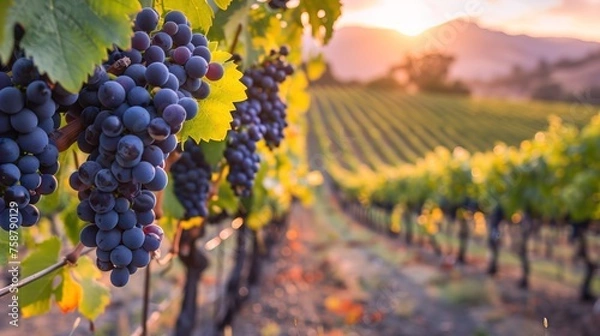Fototapeta Vineyard at sunset with large groups of grapes hanging from the vines, hills in background