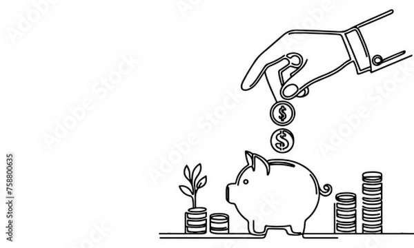 Fototapeta continuous one black line hand putting coins falling in Piggy bank doodle style vector illustration on white background