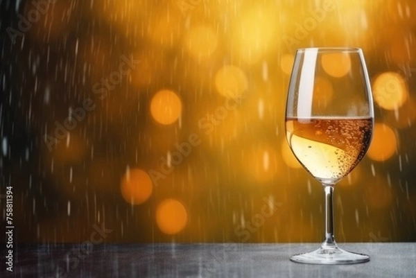 Fototapeta An inviting glass of white wine captured on a reflective surface, complemented by a mesmerizing golden bokeh and rain droplets backdrop. White Wine Glass with Rain and Golden Bokeh Lights
