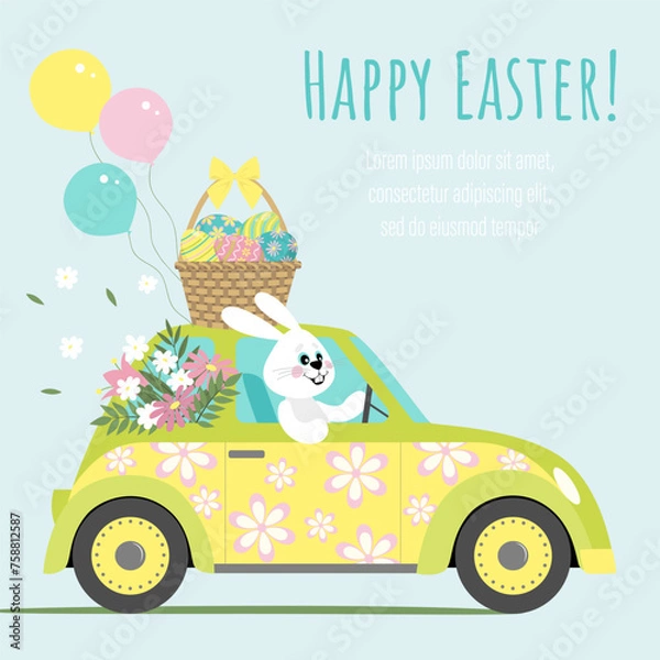 Obraz A cheerful hare is driving a car. Easter illustration. Happy easter.