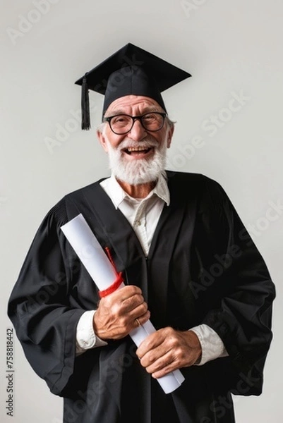 Fototapeta A happy senior man graduating from college on a white background