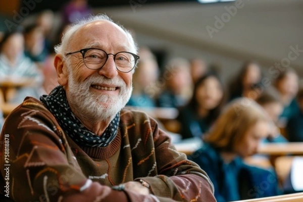 Fototapeta Portrait of a smiling senior man studying at university