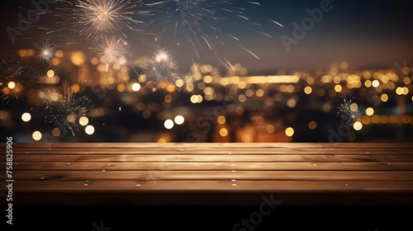 Fototapeta Empty wooden table in front of New Year background