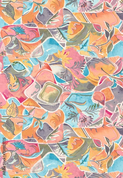 Fototapeta Antique surface floral seamless allover Pattern design, multicolor flowers with multicolor watercolor background texture.