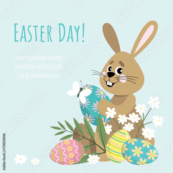 Obraz A cute bunny holds an Easter egg in his paws. Happy easter.