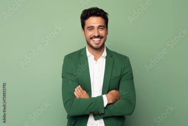 Obraz Portrait of a happy young man standing with arms crossed isolated over green background