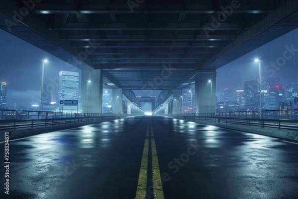 Obraz Empty asphalt road under the bridge during the night with beautiful city skyline background .