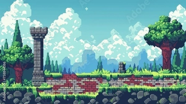 Fototapeta Retro pixel game background with castle tower and trees. Medieval fantasy and adventure video game concept for design and wallpaper