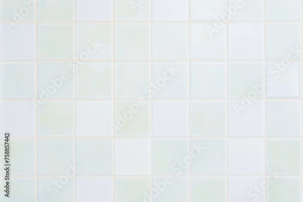 Fototapeta A black and white cat lounges against a clean white tiled wall, creating a striking contrast with its surroundings