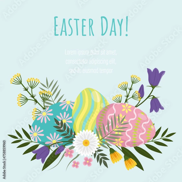 Obraz Easter eggs in flowers. Happy easter.