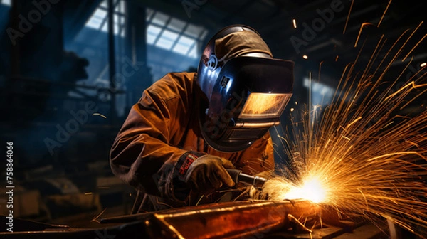 Fototapeta Worker performing welding tasks.