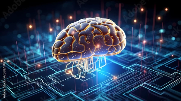 Fototapeta Particles connected in shape of human brain, connection network, artificial intelligence or brain computer interface concept