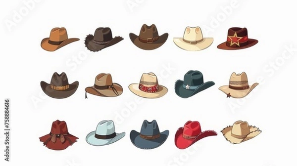 Fototapeta A collection of hats. A collection of headwear of different types for males and females. Flat modern illustrations isolated on a white background.