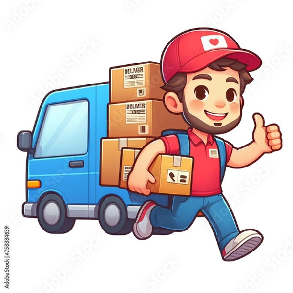 Fototapeta delivery person delivering a parcel cartoon isolated on white created using generative Ai tools