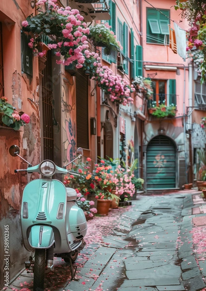 Obraz Retro-style Italian legendary scooter in rests on narrow old town center street covered flowers petals, awaiting its owner. An immortal classic, image embodies fashion, travel, and transport concepts.