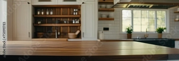 Obraz Large wooden banner on the background of a blurry light kitchen