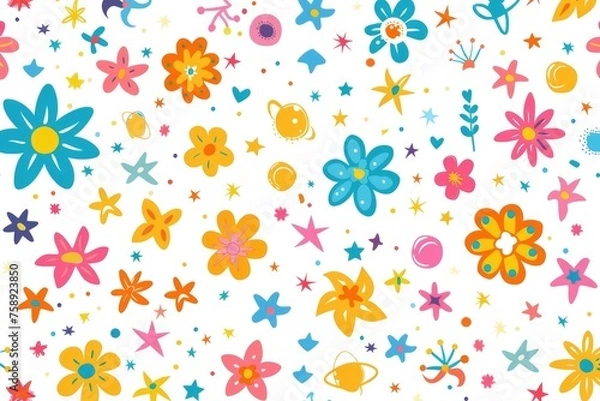 Obraz Abstract flowers seamless pattern banner, wallpaper for kids, bright pastel colors over beige white background. Wrapping paper for presents. Baby linen, clothes and products for children