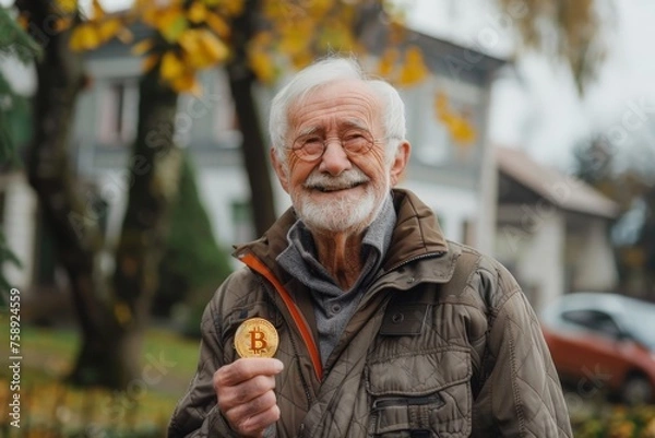 Fototapeta Smiling elderly man holding a Bitcoin token outdoors