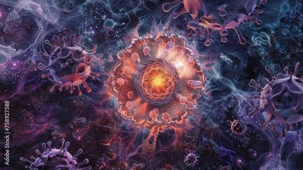 Fototapeta A surreal representation of the life cycle of a virus illustrated as a circular journey of rebirth and destruction