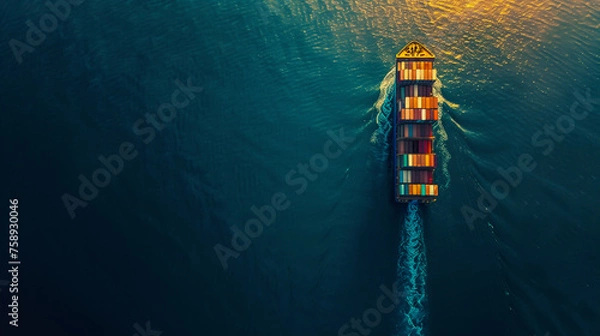 Obraz Aerial view of a vast cargo ship loaded with containers, showcasing the global scale of sea freight and the pivotal role it plays in connecting economies and facilitating international trade