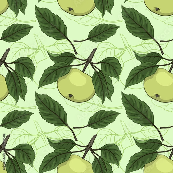 Fototapeta Seamless Background, Fruit Apple with Leaves and Contours, Tile Pattern. Vector