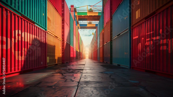 Obraz The low angle captures the towering walls of red and blue shipping containers converging into a sunlit vanishing point, reflecting the vast scale of cargo transport.