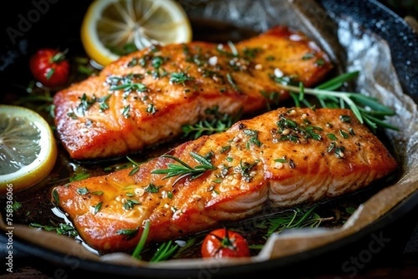 Fototapeta Tasty and fresh cooked salmon fish fillet with lemon and rosemary