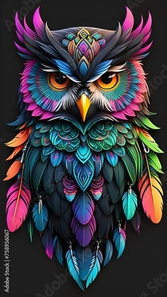 Obraz Vivid Tribal Fox Tattoo Logo: Intricate Mandala Patterns & Neon Undertones on Darkest Black Background - Elevating Minimalist Elegance